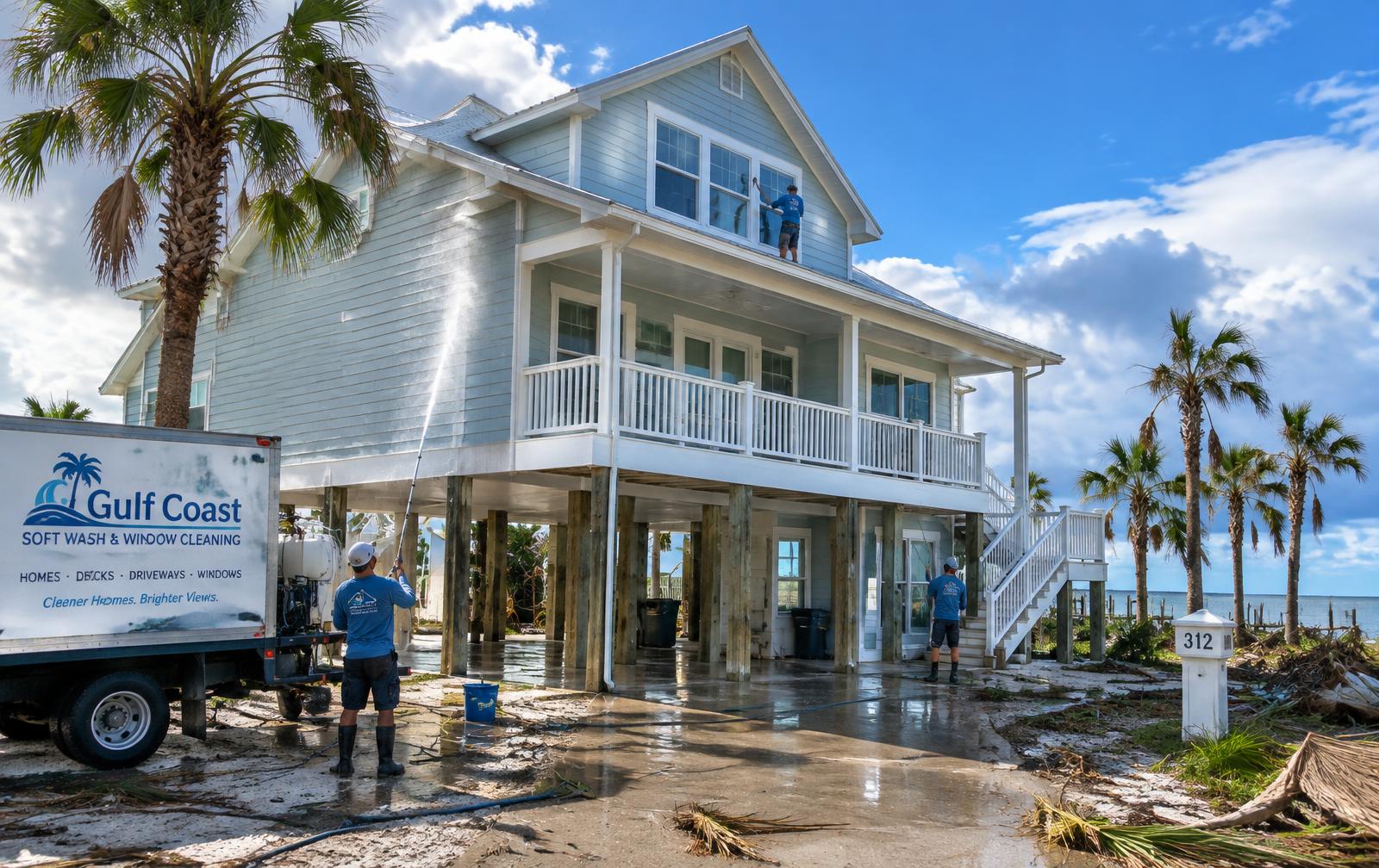 APS crew soft-washing a raised Gulf Coast home after a hurricane